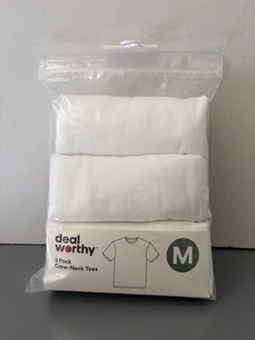 Deal Worthy Men’s White Crew-Neck Short Sleeve T-Shirt - Medium - 3 Pack